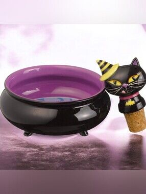 Cat-Themed Wine Stopper & Coaster Set in Purple